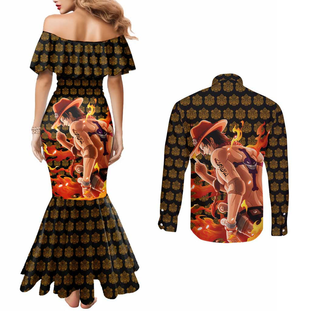Portgas D. Ace - Fire Fist - One Piece Couples Matching Mermaid Dress and Long Sleeve Button Shirt Anime Style
