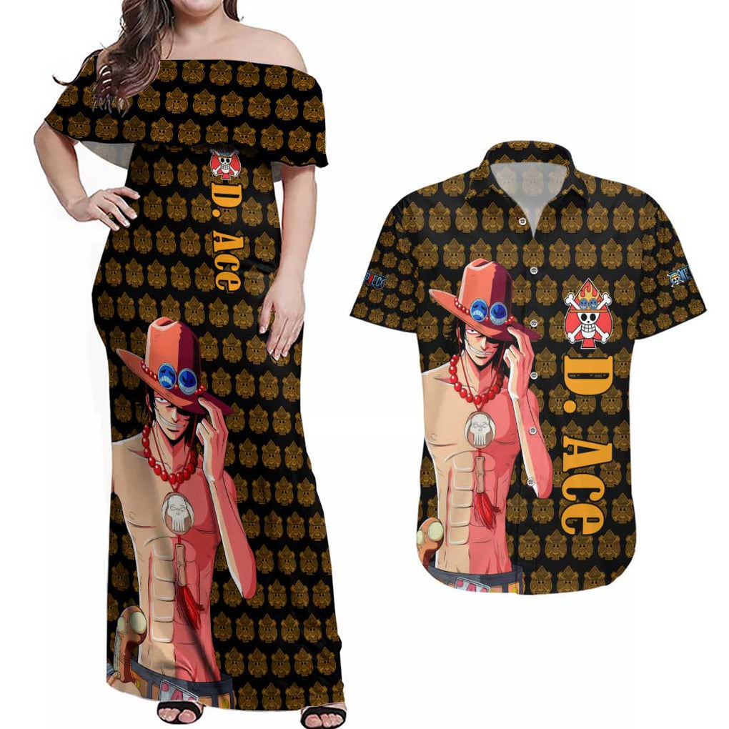 Portgas D. Ace - Fire Fist - One Piece Couples Matching Off Shoulder Maxi Dress and Hawaiian Shirt Anime Style