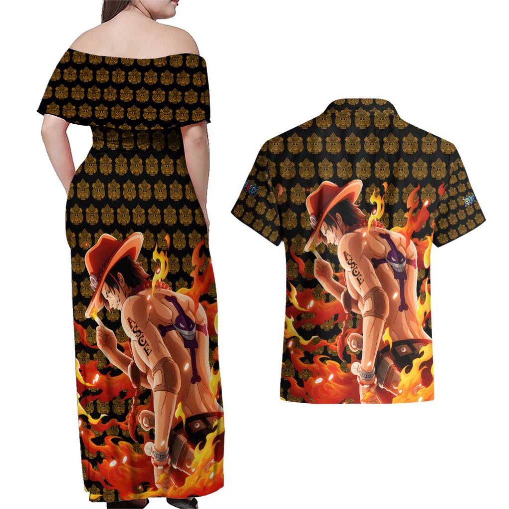 Portgas D. Ace - Fire Fist - One Piece Couples Matching Off Shoulder Maxi Dress and Hawaiian Shirt Anime Style