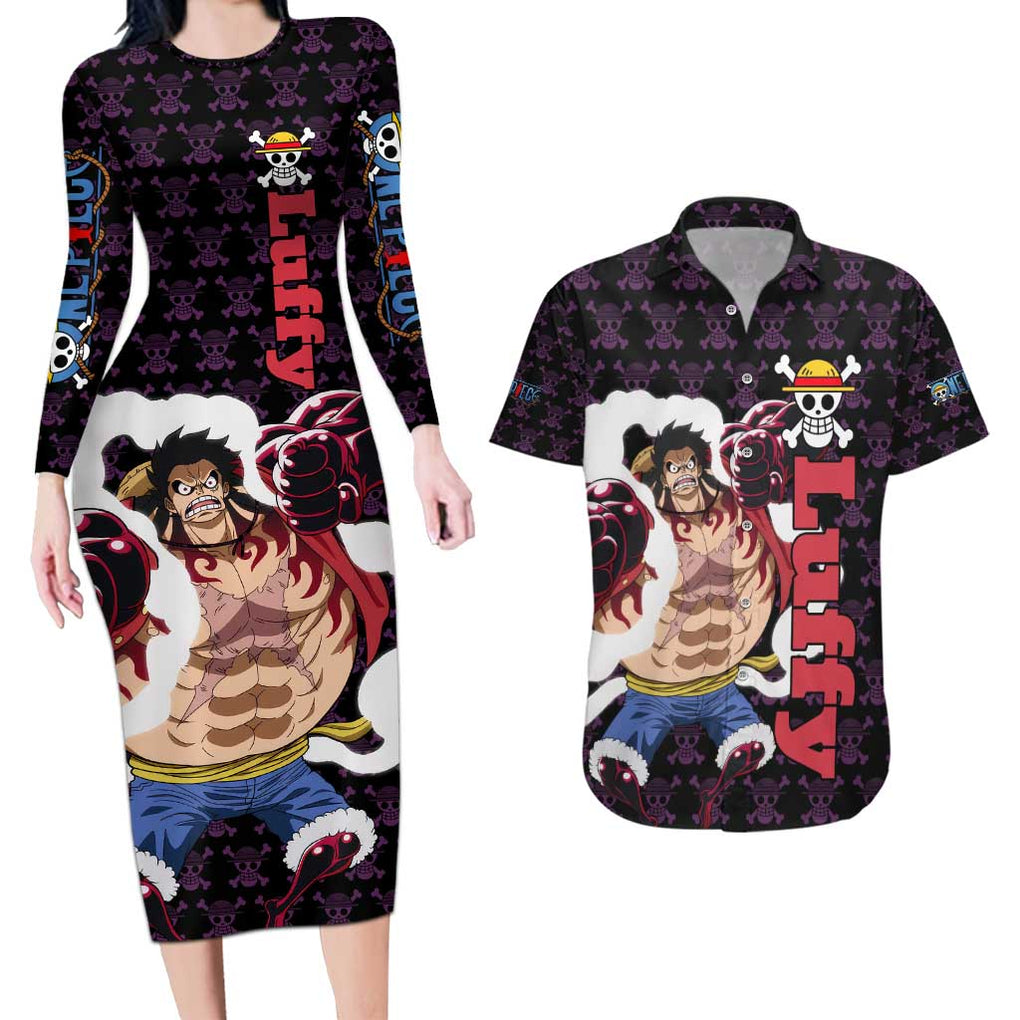 Luffy Gear 4 - One Piece Couples Matching Long Sleeve Bodycon Dress and Hawaiian Shirt Anime Pattern Mix Style