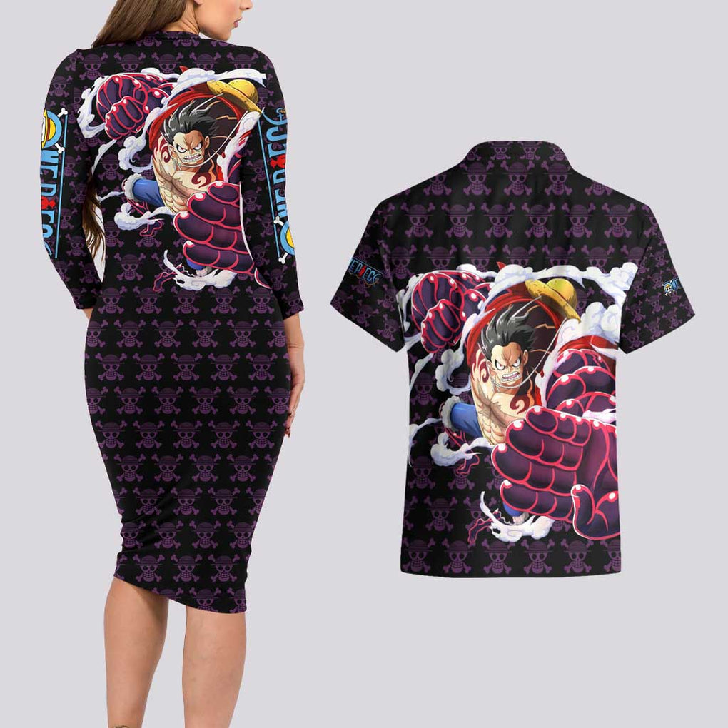 Luffy Gear 4 - One Piece Couples Matching Long Sleeve Bodycon Dress and Hawaiian Shirt Anime Pattern Mix Style