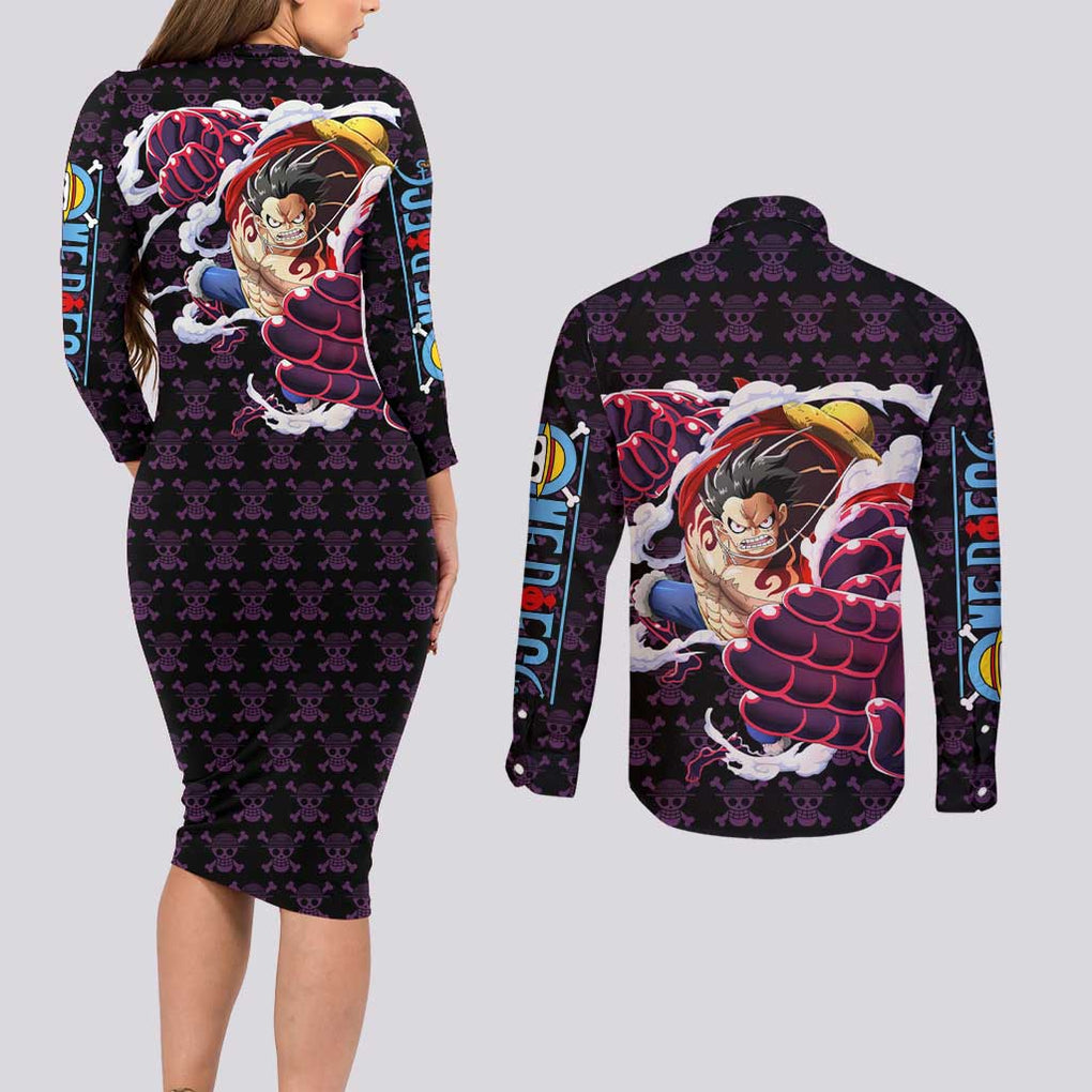 Luffy Gear 4 - One Piece Couples Matching Long Sleeve Bodycon Dress and Long Sleeve Button Shirt Anime Pattern Mix Style