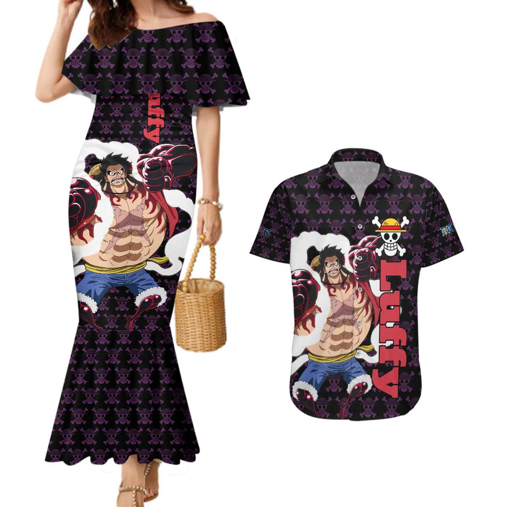 Luffy Gear 4 - One Piece Couples Matching Mermaid Dress and Hawaiian Shirt Anime Pattern Mix Style