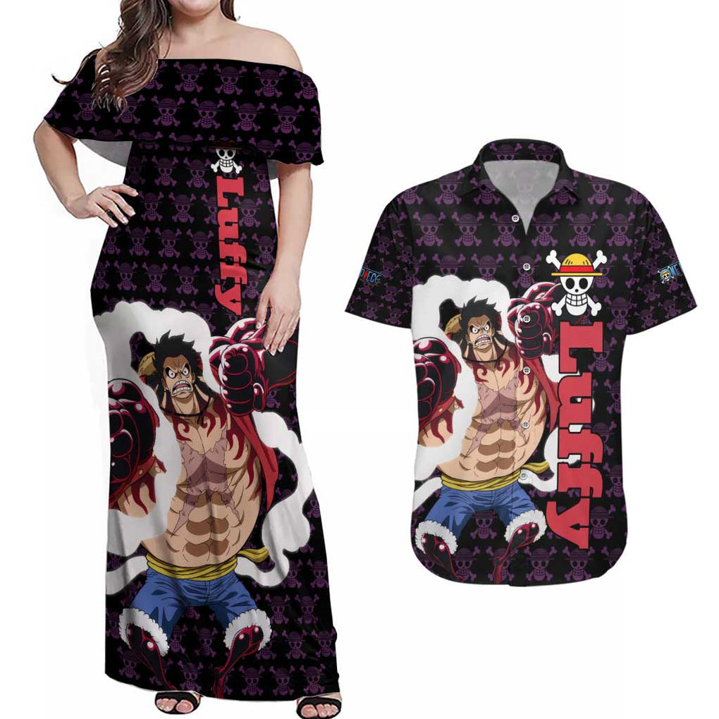 Luffy Gear 4 - One Piece Couples Matching Off Shoulder Maxi Dress and Hawaiian Shirt Anime Pattern Mix Style