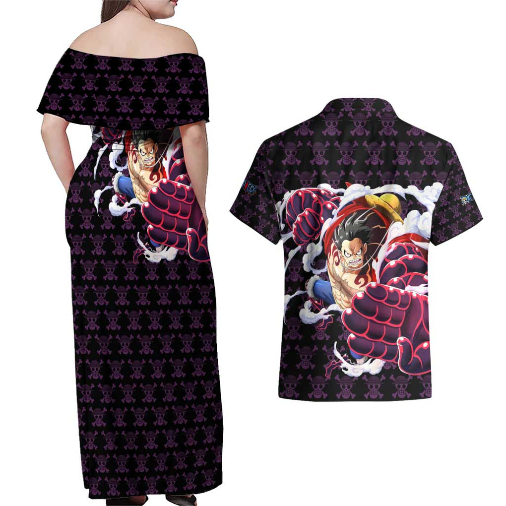 Luffy Gear 4 - One Piece Couples Matching Off Shoulder Maxi Dress and Hawaiian Shirt Anime Pattern Mix Style