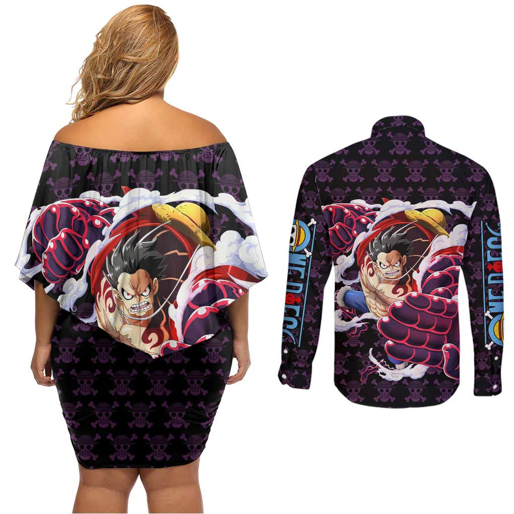 Luffy Gear 4 - One Piece Couples Matching Off Shoulder Short Dress and Long Sleeve Button Shirt Anime Pattern Mix Style