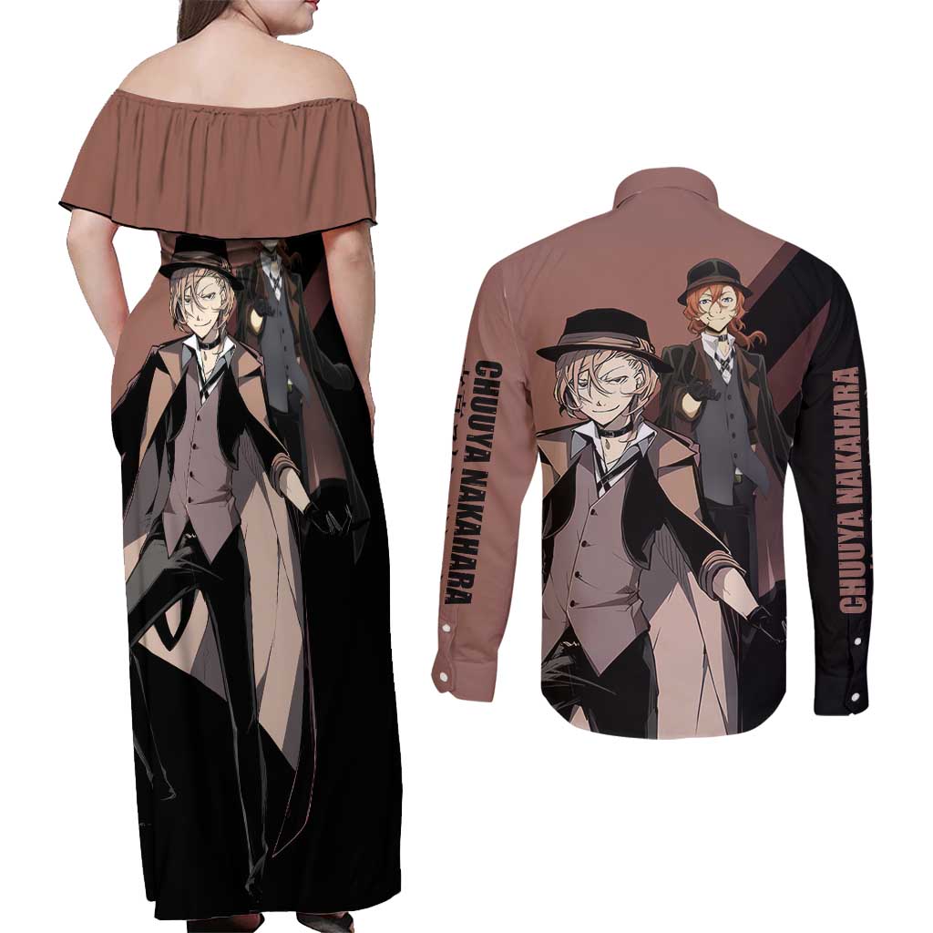 Chuuya Nakahara Couples Matching Off Shoulder Maxi Dress and Long Sleeve Button Shirt Anime Style