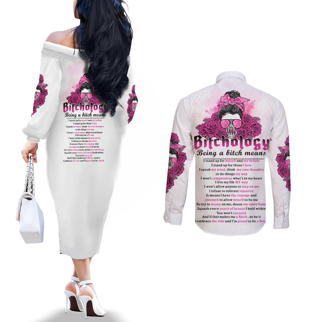 bitchology-being-a-bitch-means-couples-matching-off-the-shoulder-long-sleeve-dress-and-long-sleeve-button-shirt