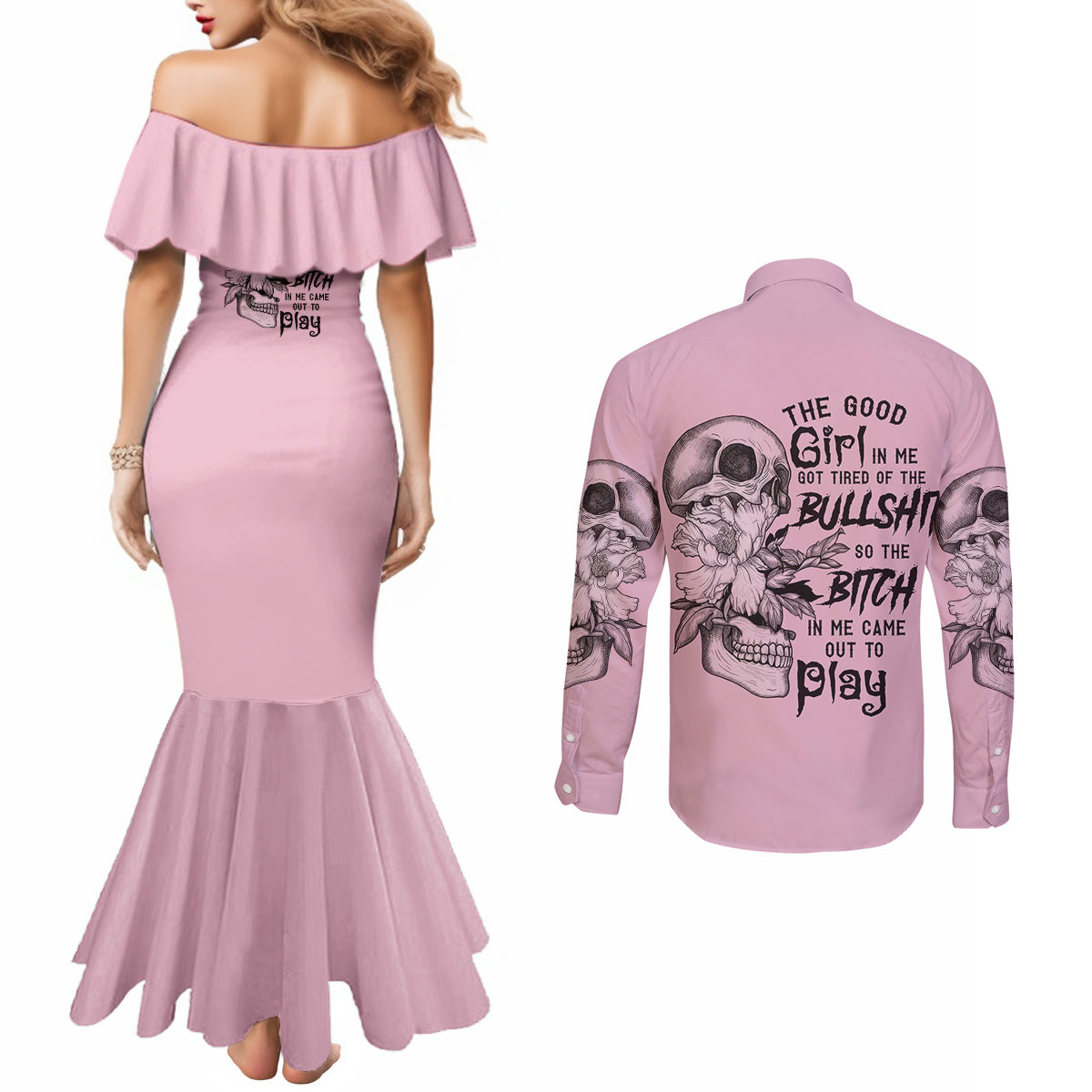 the-good-girl-in-me-got-tired-skull-couples-matching-mermaid-dress-and-long-sleeve-button-shirt