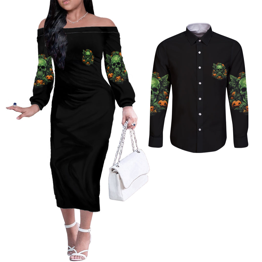 your-demons-hide-under-your-bed-skull-halloween-couples-matching-off-the-shoulder-long-sleeve-dress-and-long-sleeve-button-shirt