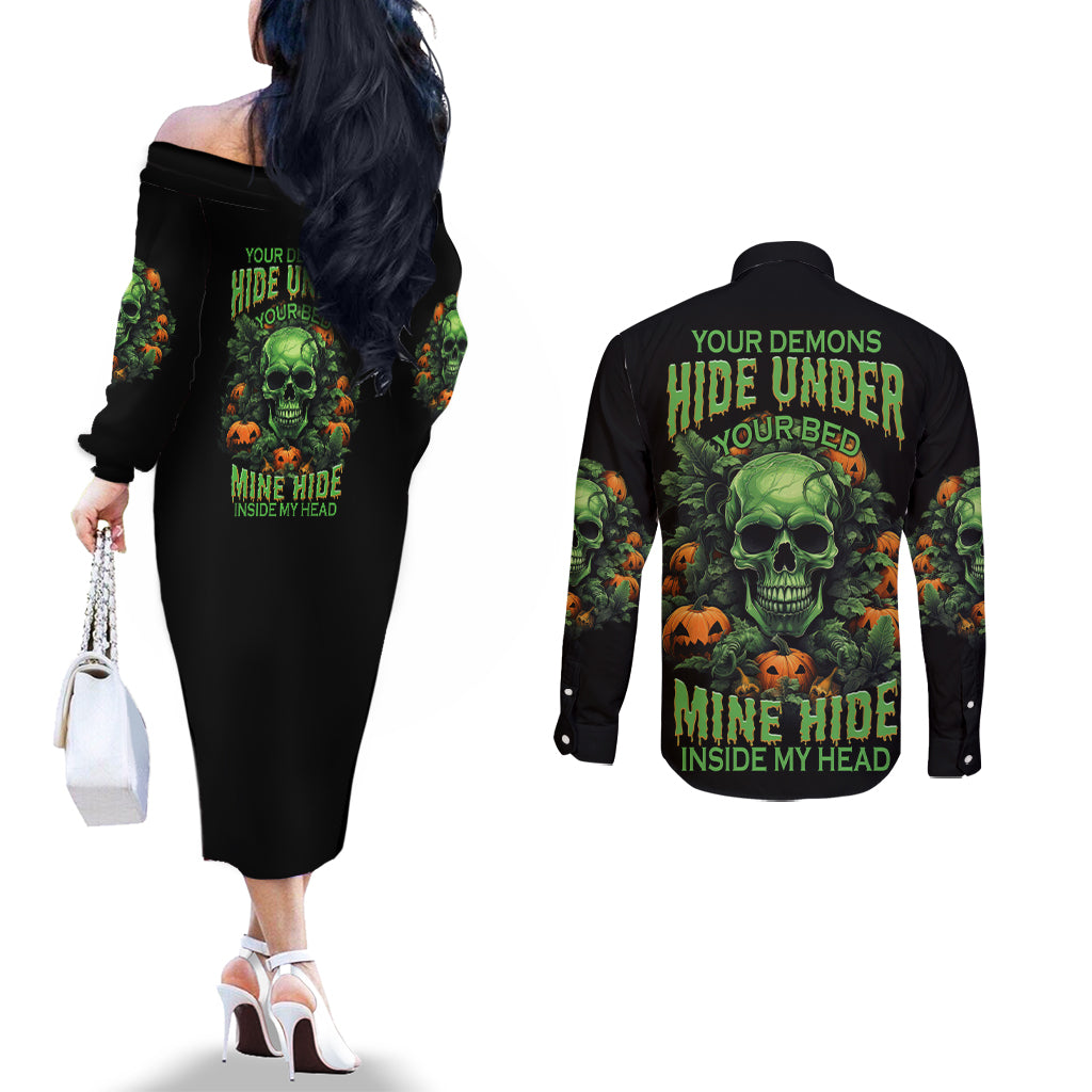 your-demons-hide-under-your-bed-skull-halloween-couples-matching-off-the-shoulder-long-sleeve-dress-and-long-sleeve-button-shirt