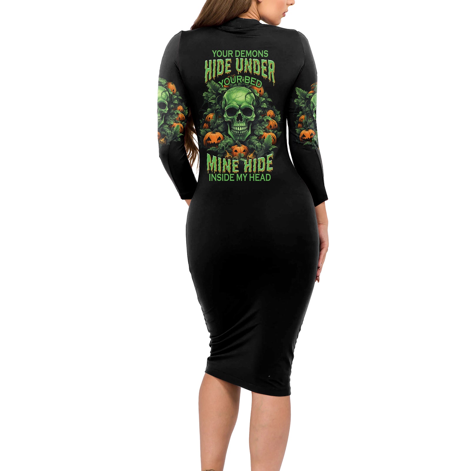 your-demons-hide-under-your-bed-skull-halloween-long-sleeve-bodycon-dress