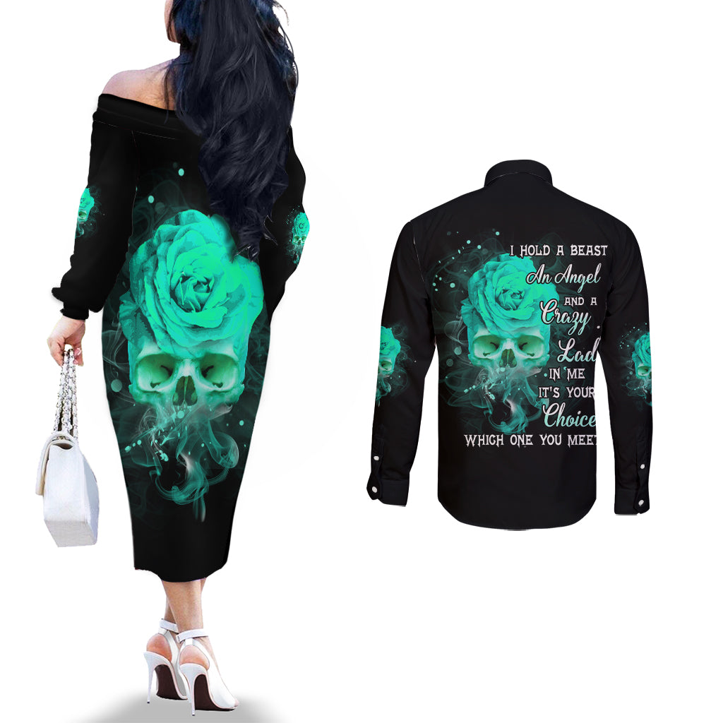 i-hold-a-beast-an-angel-crazy-lady-in-me-couples-matching-off-the-shoulder-long-sleeve-dress-and-long-sleeve-button-shirt