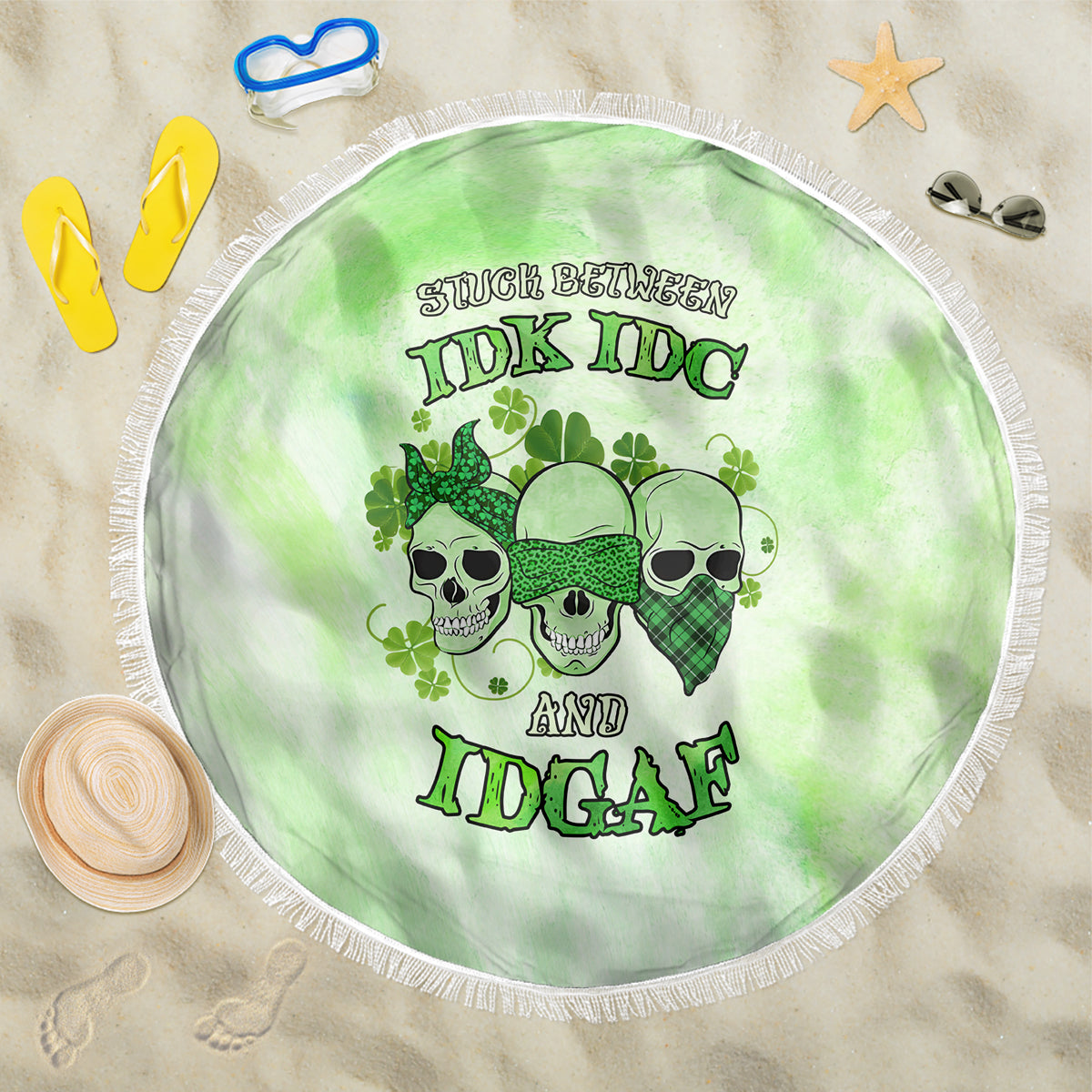 stuck-between-idk-idc-and-idgaf-rose-skull-patricks-day-beach-blanket