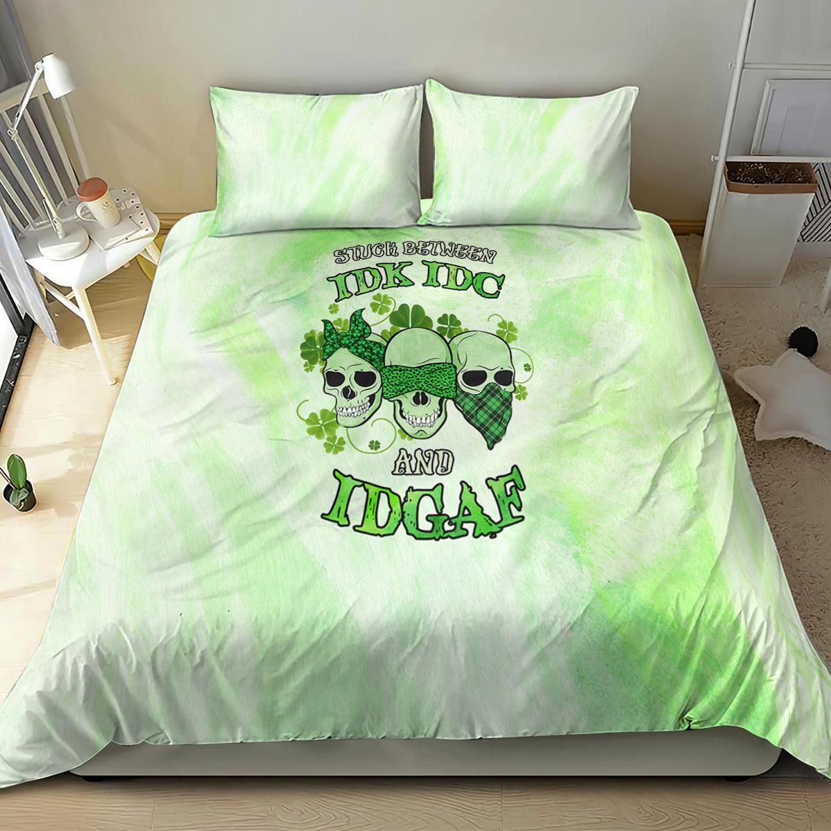 stuck-between-idk-idc-and-idgaf-rose-skull-patricks-day-bedding-set