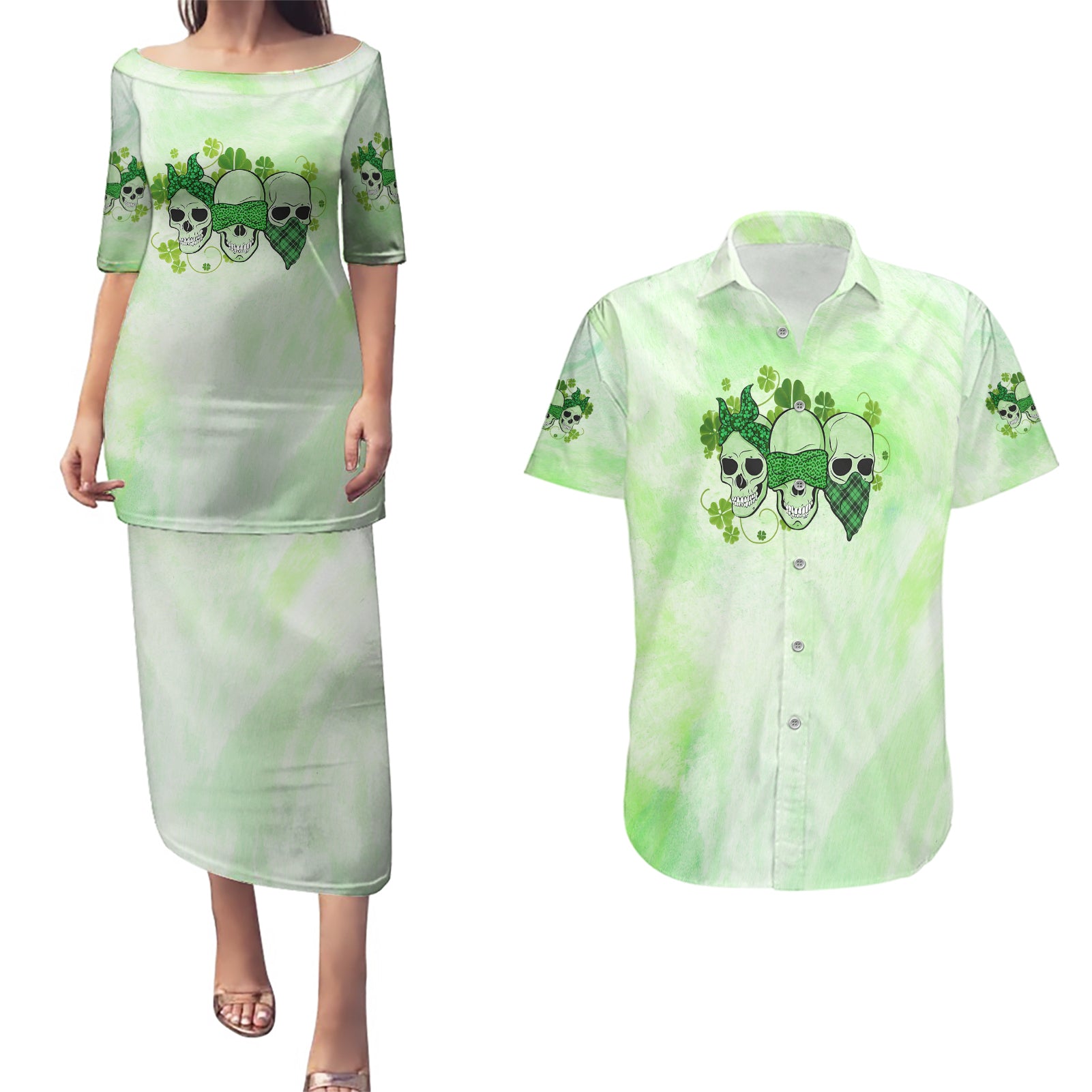 stuck-between-idk-idc-and-idgaf-rose-skull-patricks-day-couples-matching-puletasi-dress-and-hawaiian-shirt