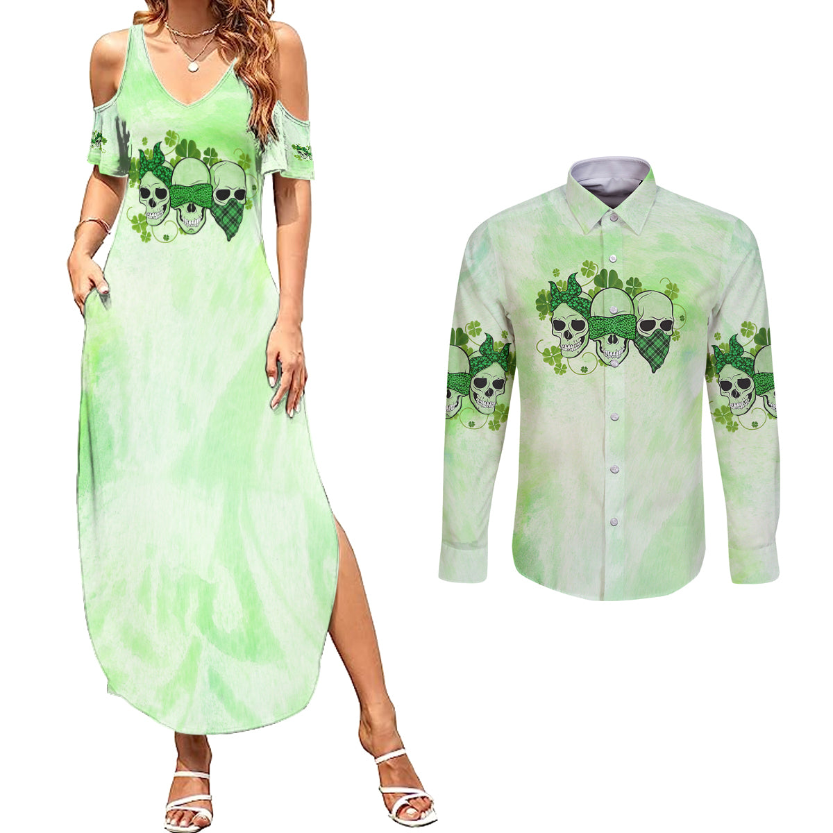 stuck-between-idk-idc-and-idgaf-rose-skull-patricks-day-couples-matching-summer-maxi-dress-and-long-sleeve-button-shirt