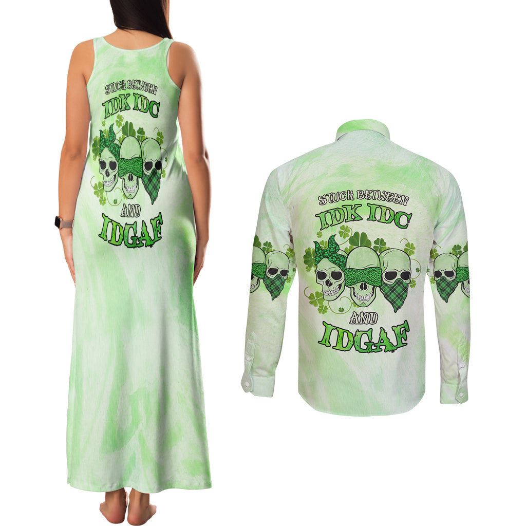 stuck-between-idk-idc-and-idgaf-rose-skull-patricks-day-couples-matching-tank-maxi-dress-and-long-sleeve-button-shirt