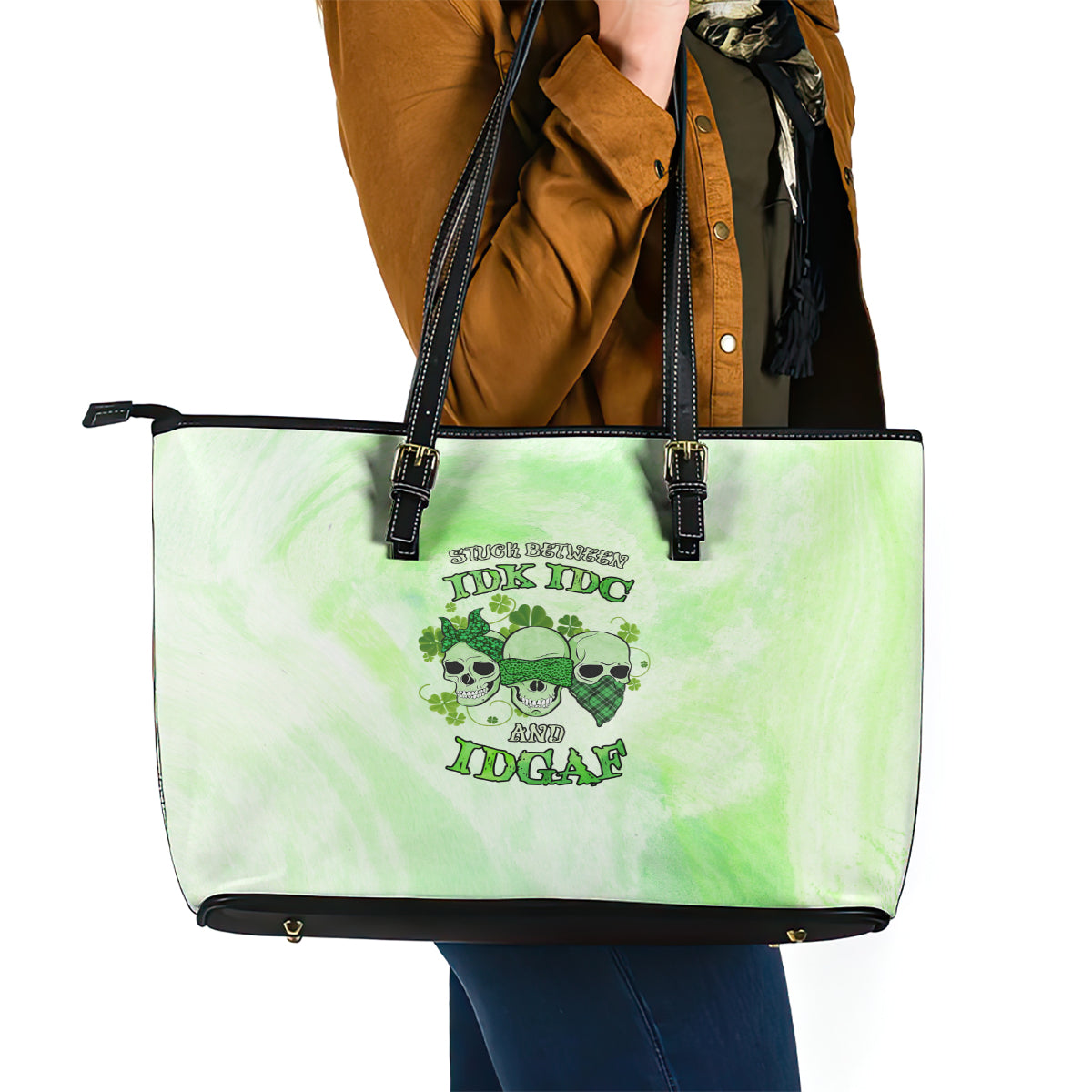 stuck-between-idk-idc-and-idgaf-rose-skull-patricks-day-leather-tote-bag