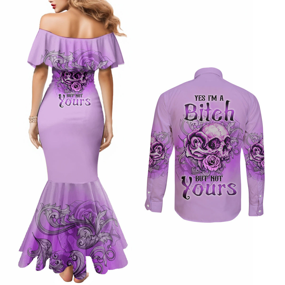 yes-im-a-b-but-not-yours-purple-couples-matching-mermaid-dress-and-long-sleeve-button-shirt