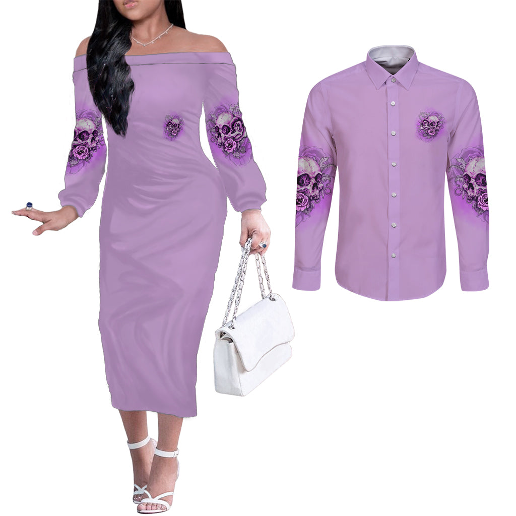 yes-im-a-b-but-not-yours-purple-couples-matching-off-the-shoulder-long-sleeve-dress-and-long-sleeve-button-shirt