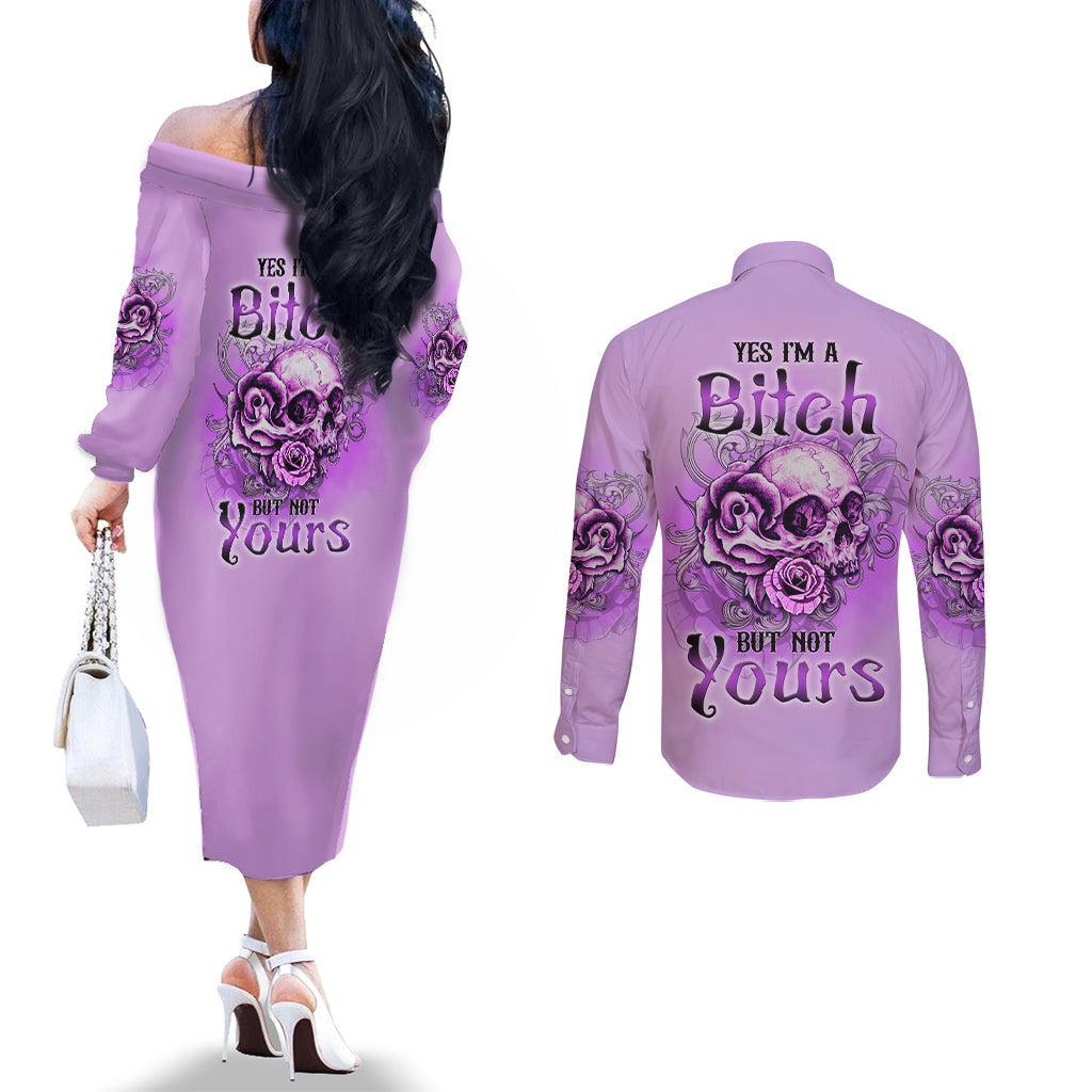 yes-im-a-b-but-not-yours-purple-couples-matching-off-the-shoulder-long-sleeve-dress-and-long-sleeve-button-shirt