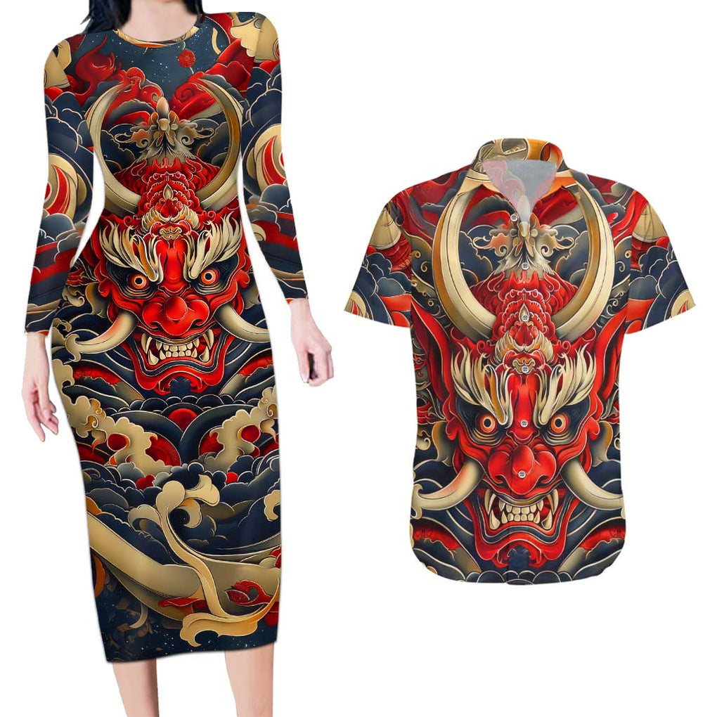 Oni Couples Matching Long Sleeve Bodycon Dress and Hawaiian Shirt Japan Art Style