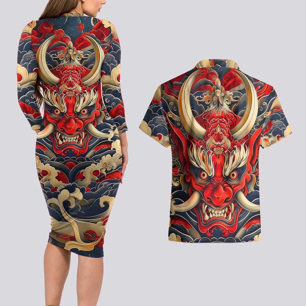 Oni Couples Matching Long Sleeve Bodycon Dress and Hawaiian Shirt Japan Art Style