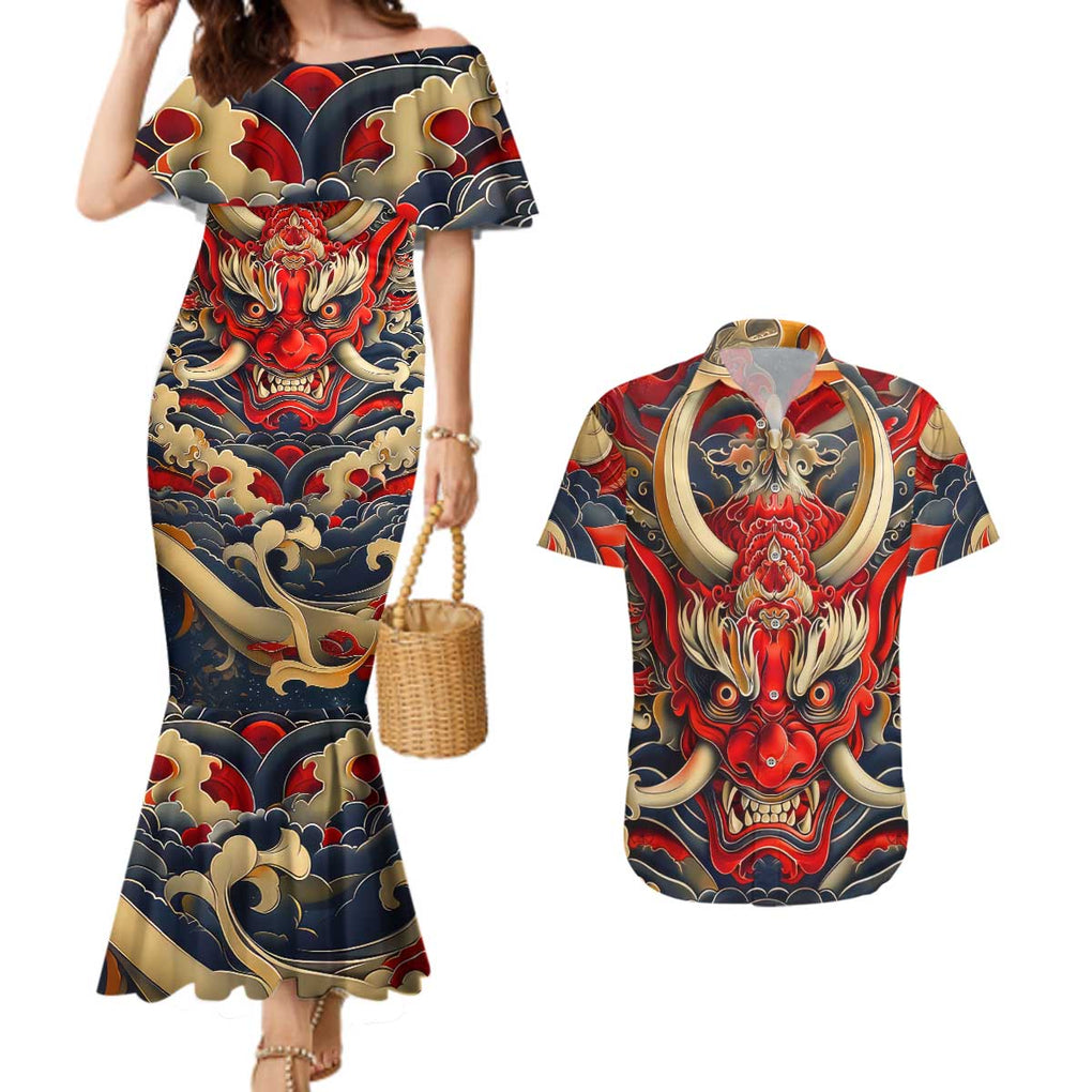 Oni Couples Matching Mermaid Dress and Hawaiian Shirt Japan Art Style