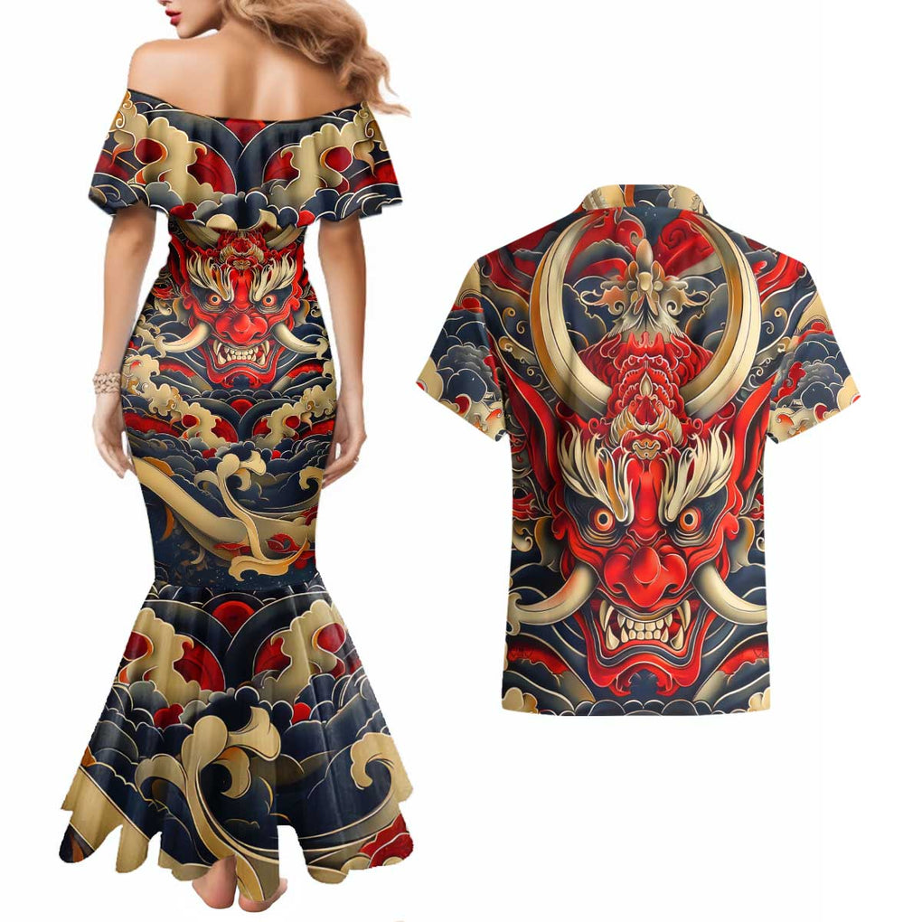 Oni Couples Matching Mermaid Dress and Hawaiian Shirt Japan Art Style