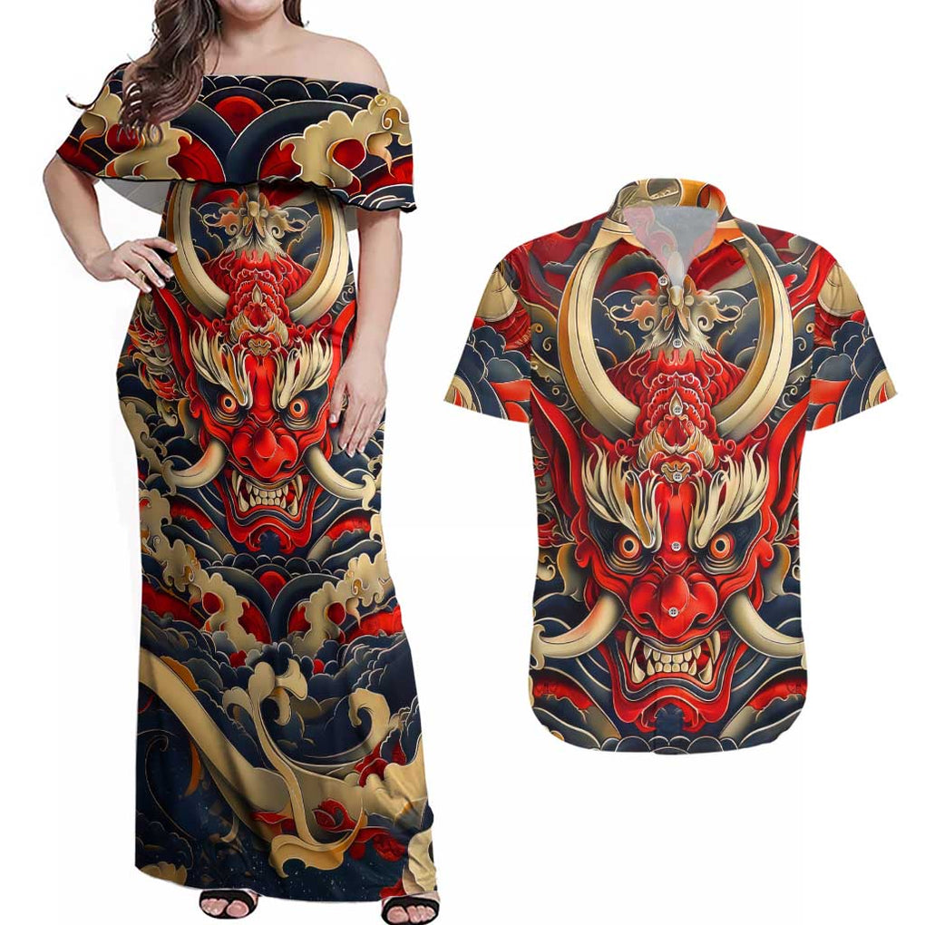 Oni Couples Matching Off Shoulder Maxi Dress and Hawaiian Shirt Japan Art Style
