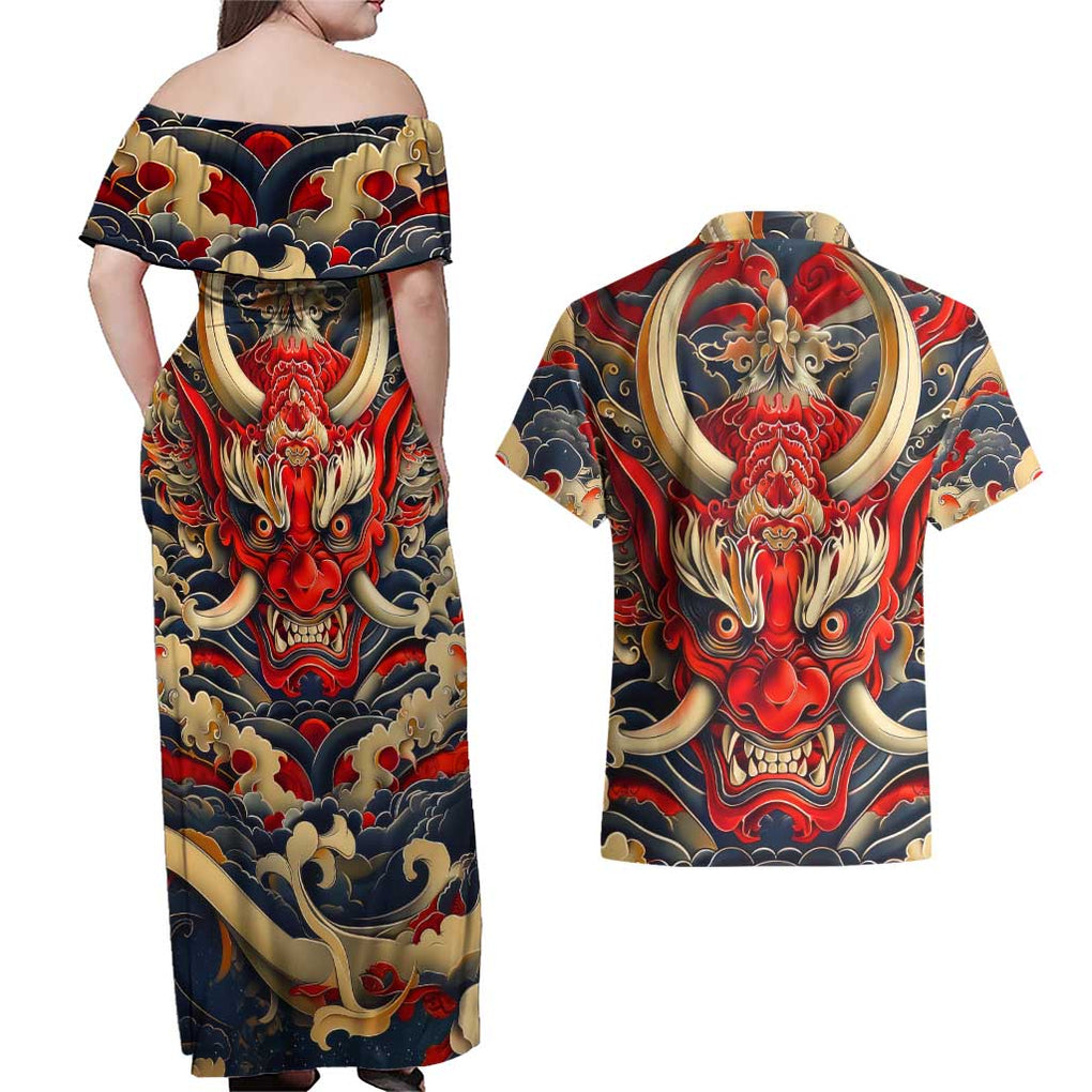 Oni Couples Matching Off Shoulder Maxi Dress and Hawaiian Shirt Japan Art Style