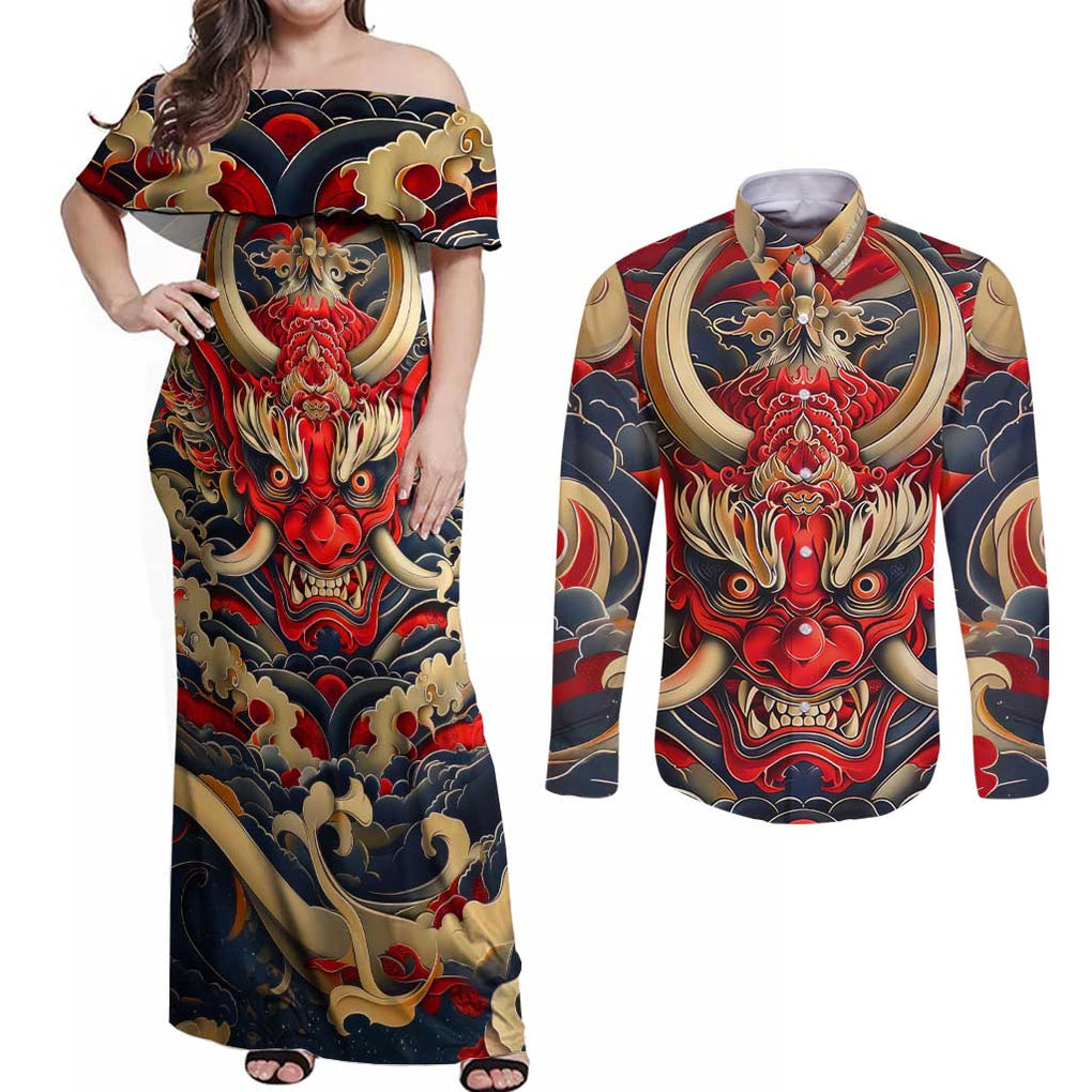 Oni Couples Matching Off Shoulder Maxi Dress and Long Sleeve Button Shirt Japan Art Style