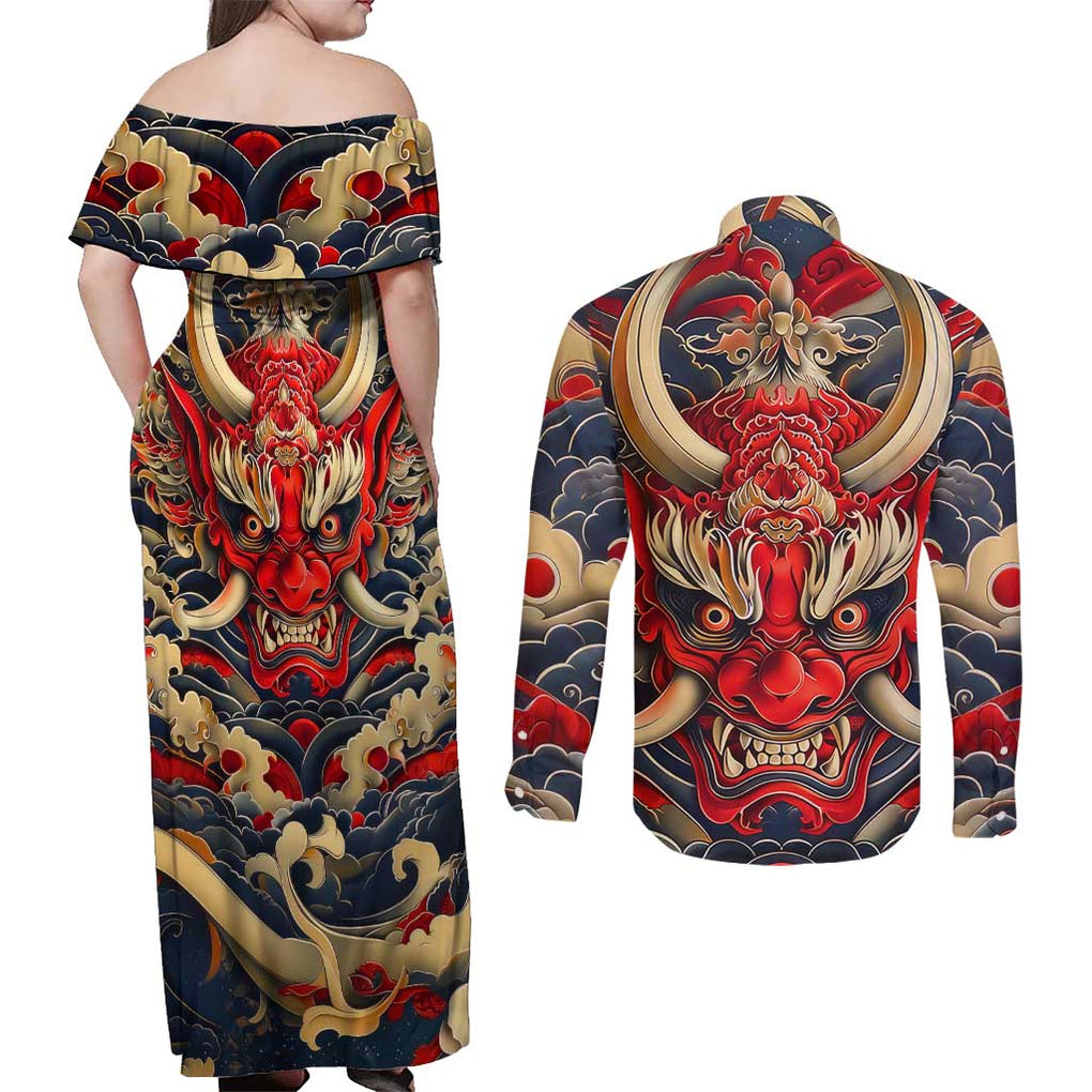 Oni Couples Matching Off Shoulder Maxi Dress and Long Sleeve Button Shirt Japan Art Style