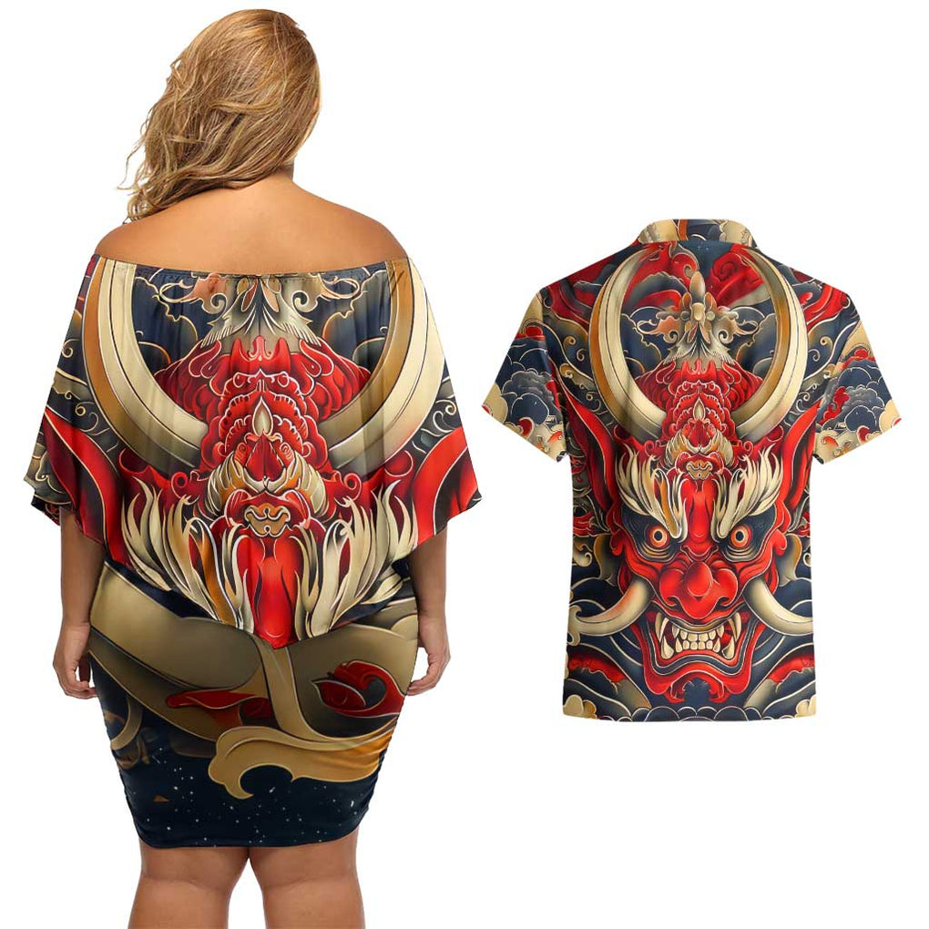 Oni Couples Matching Off Shoulder Short Dress and Hawaiian Shirt Japan Art Style