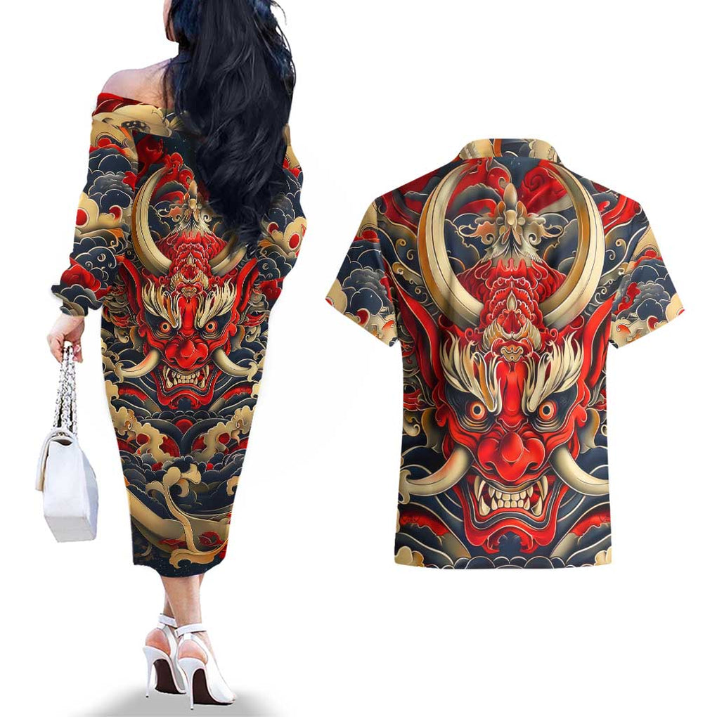 Oni Couples Matching Off The Shoulder Long Sleeve Dress and Hawaiian Shirt Japan Art Style