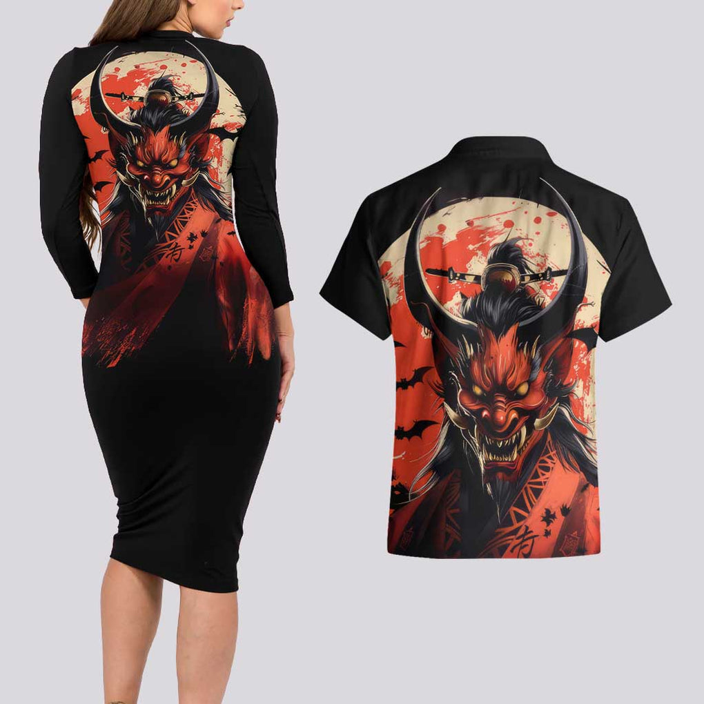 Oni Demon Couples Matching Long Sleeve Bodycon Dress and Hawaiian Shirt Japan Art Style