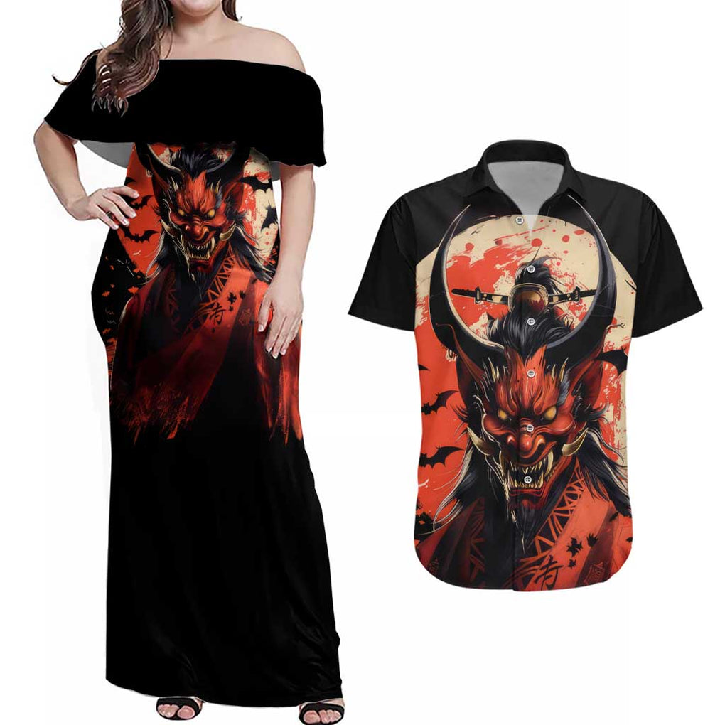 Oni Demon Couples Matching Off Shoulder Maxi Dress and Hawaiian Shirt Japan Art Style