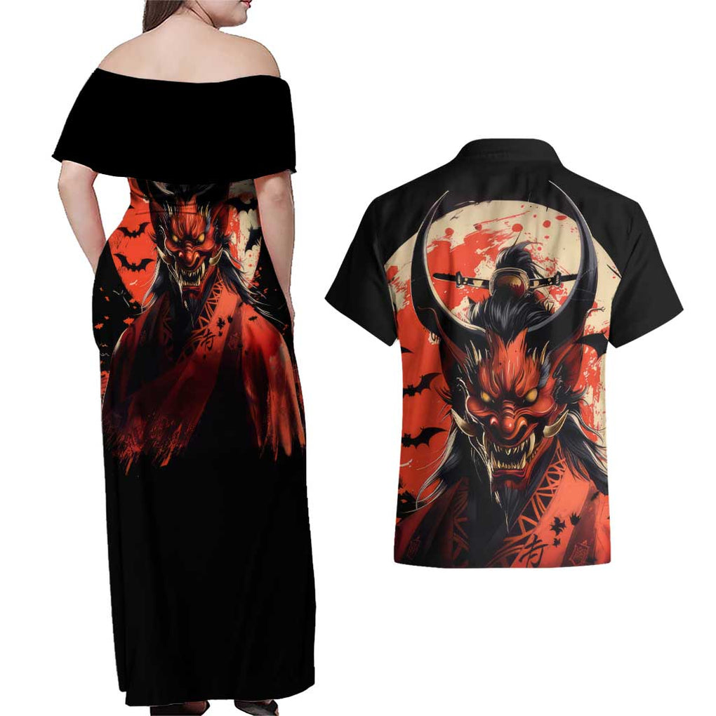 Oni Demon Couples Matching Off Shoulder Maxi Dress and Hawaiian Shirt Japan Art Style