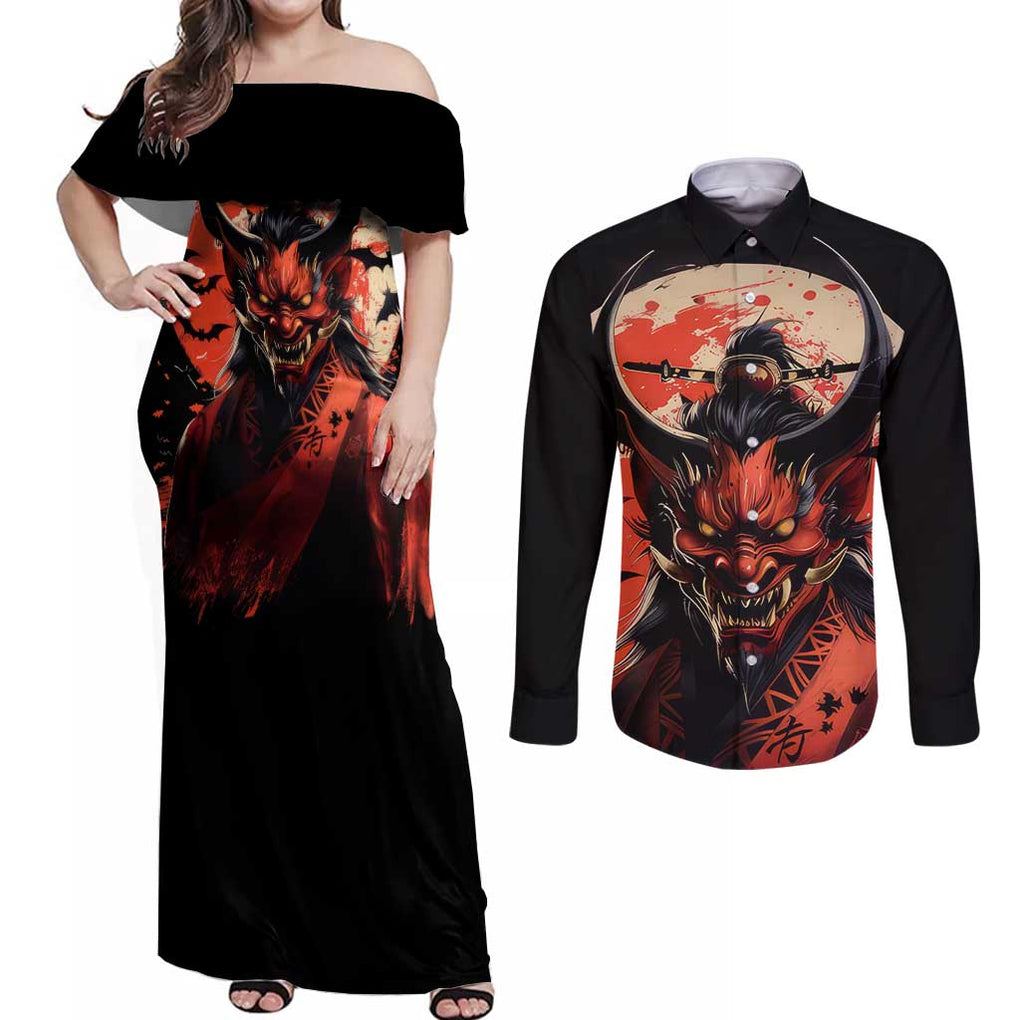 Oni Demon Couples Matching Off Shoulder Maxi Dress and Long Sleeve Button Shirt Japan Art Style