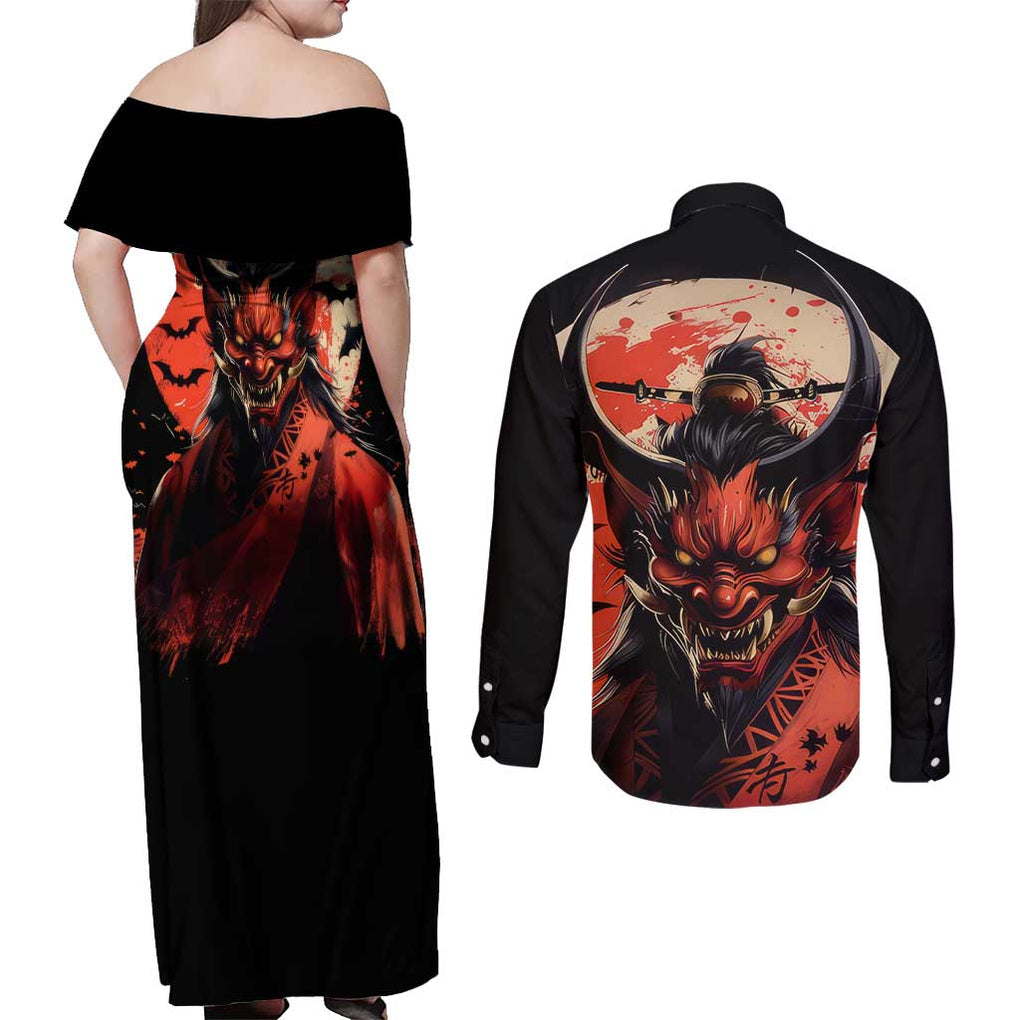 Oni Demon Couples Matching Off Shoulder Maxi Dress and Long Sleeve Button Shirt Japan Art Style