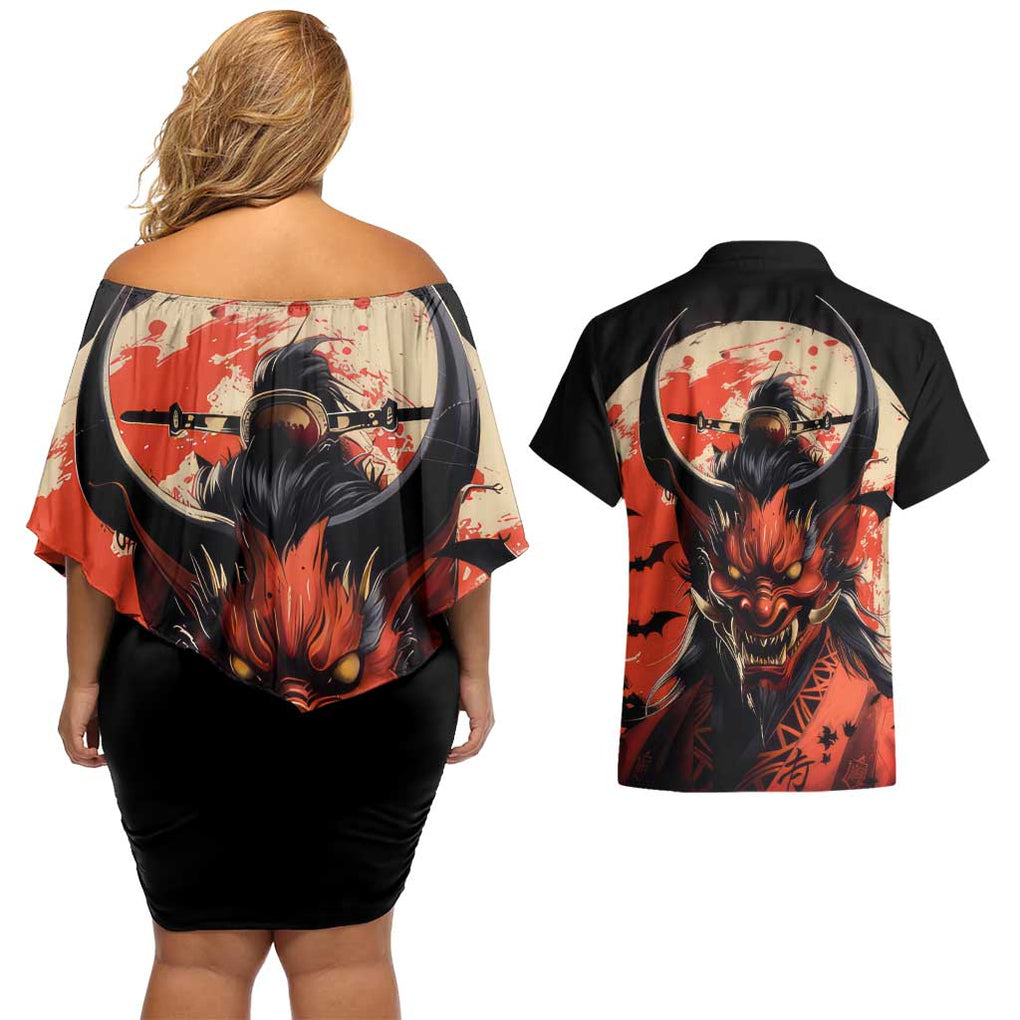 Oni Demon Couples Matching Off Shoulder Short Dress and Hawaiian Shirt Japan Art Style