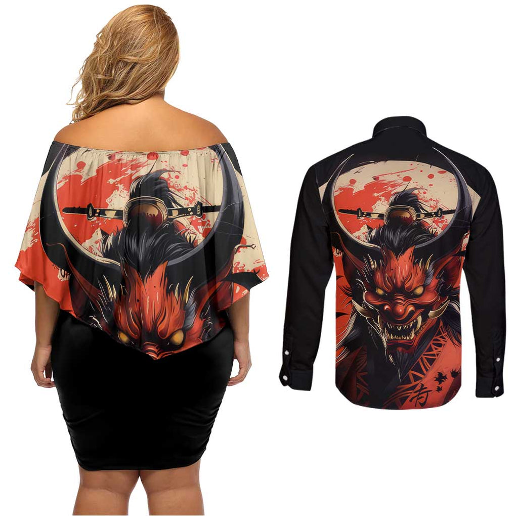 Oni Demon Couples Matching Off Shoulder Short Dress and Long Sleeve Button Shirt Japan Art Style