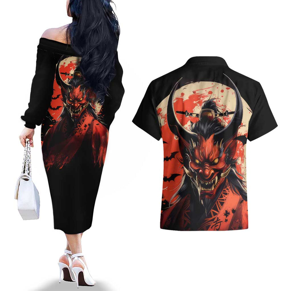 Oni Demon Couples Matching Off The Shoulder Long Sleeve Dress and Hawaiian Shirt Japan Art Style
