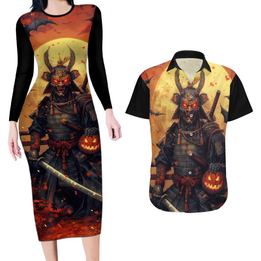 Samurai Halloween Couples Matching Long Sleeve Bodycon Dress and Hawaiian Shirt Japan Art Style