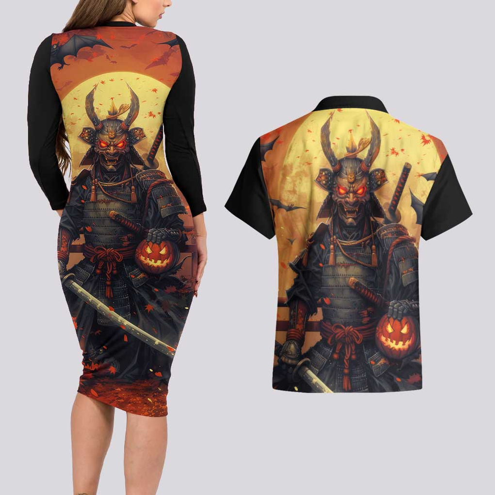 Samurai Halloween Couples Matching Long Sleeve Bodycon Dress and Hawaiian Shirt Japan Art Style