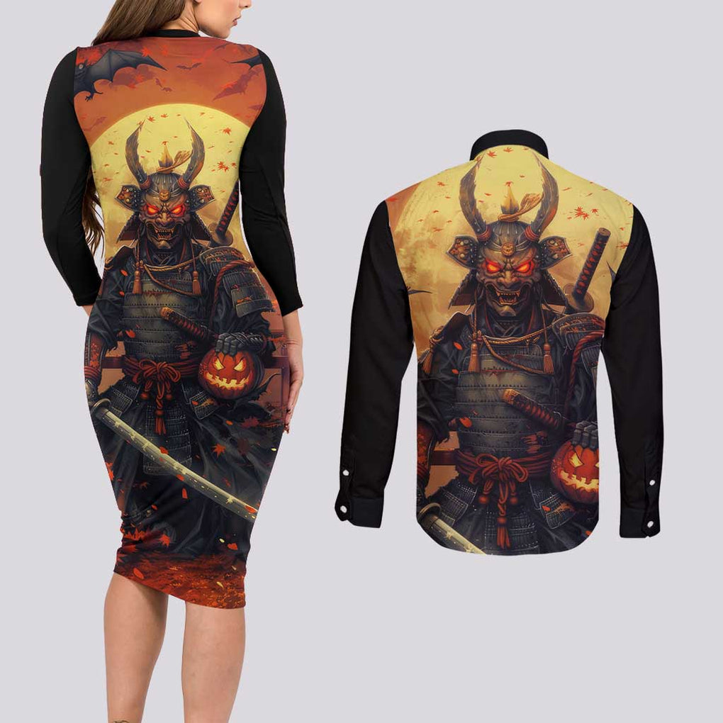 Samurai Halloween Couples Matching Long Sleeve Bodycon Dress and Long Sleeve Button Shirt Japan Art Style