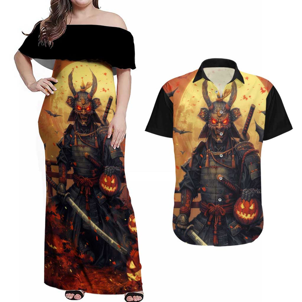 Samurai Halloween Couples Matching Off Shoulder Maxi Dress and Hawaiian Shirt Japan Art Style