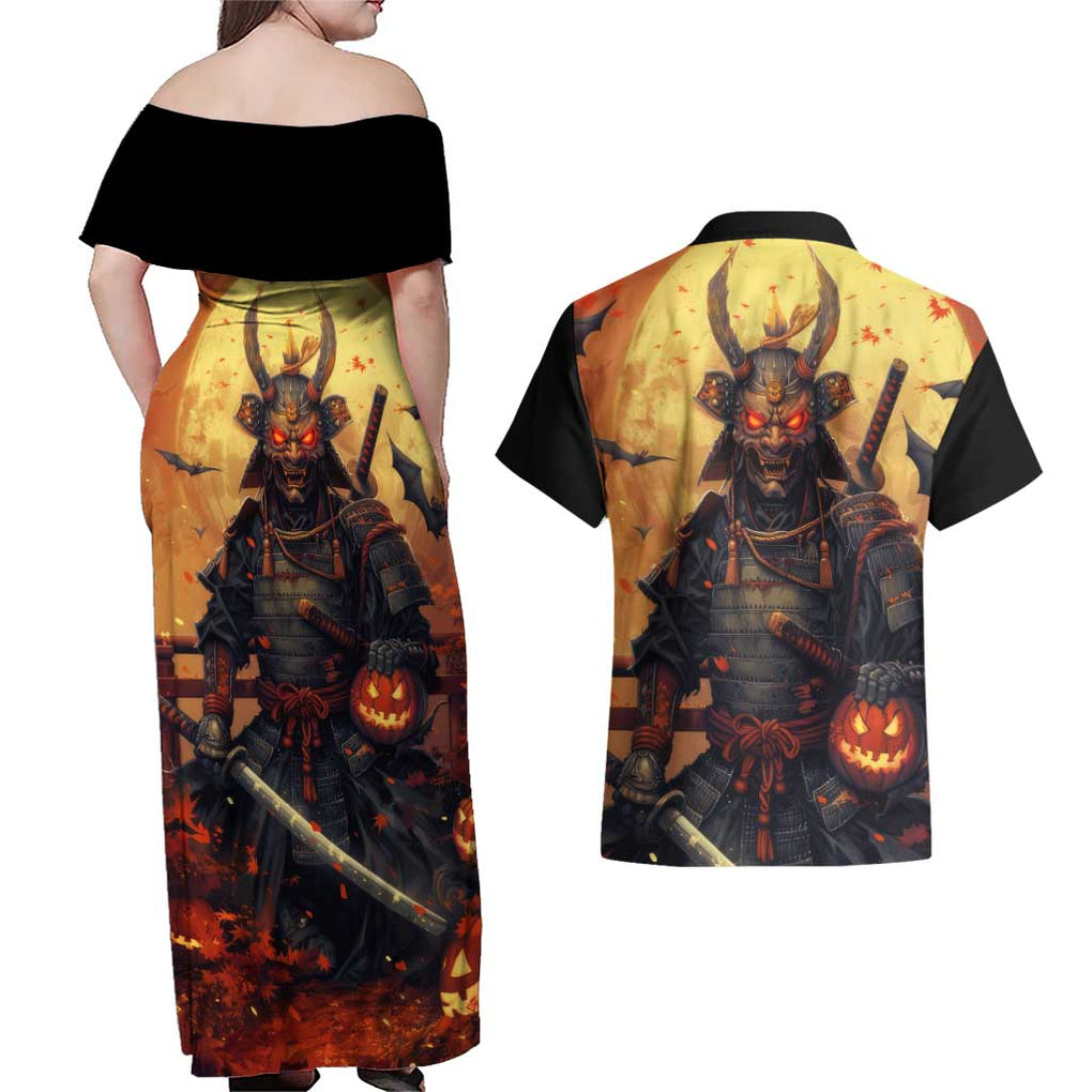 Samurai Halloween Couples Matching Off Shoulder Maxi Dress and Hawaiian Shirt Japan Art Style