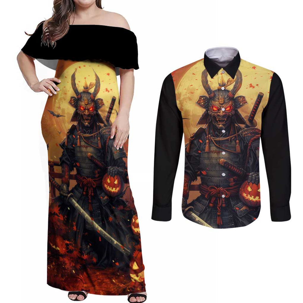 Samurai Halloween Couples Matching Off Shoulder Maxi Dress and Long Sleeve Button Shirt Japan Art Style
